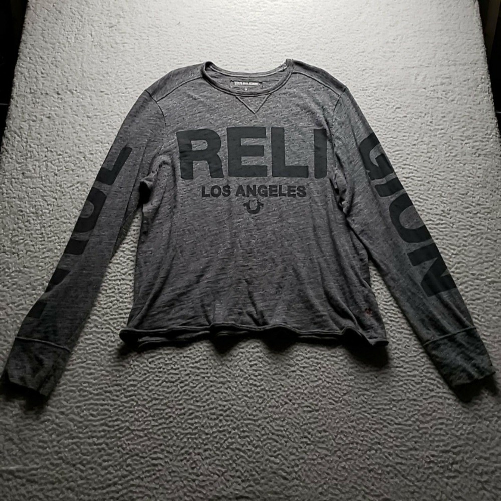 True Religion Shirt Mens 2XL Gray Los Angeles Logo Long Sleeve Graphic Tee